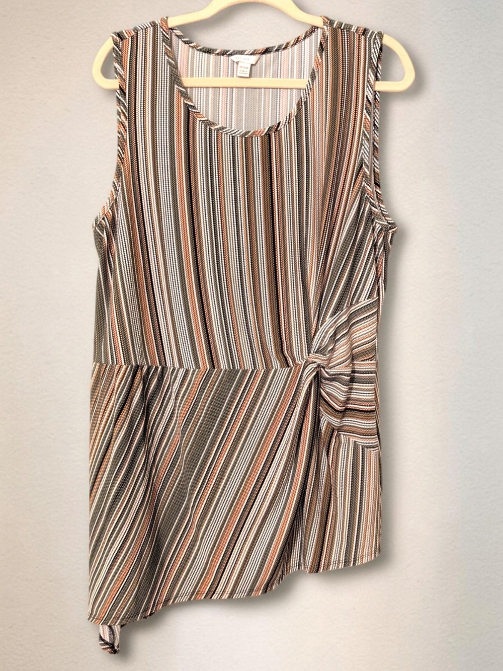Sleeveless Striped Knot-Detail Womens Asymmetrical Tunic in Tan & Brown